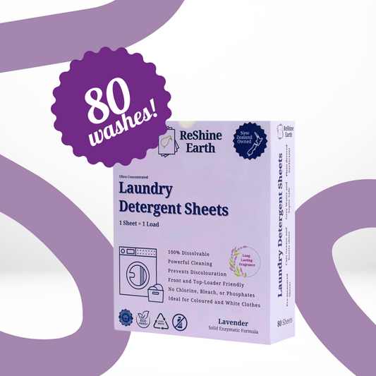 A box of ReShine Earth laundry detergent sheets with the text '80 washes!' highlighted in purple. The packaging indicates the product is eco-friendly and has 80 uses.