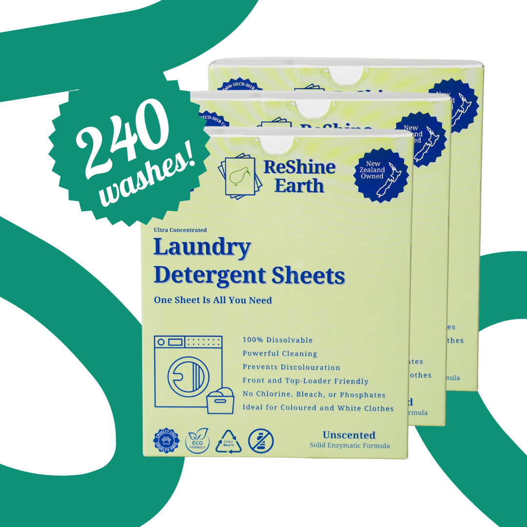 Three packages of ReShine Earth laundry detergent sheets with a green and white background