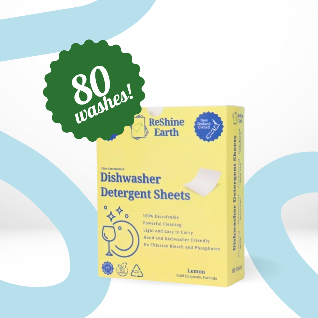 A box of ReShine Earth dishwasher detergent sheets with a label indicating 80 washes. The packaging is primarily yellow and white with text and branding.