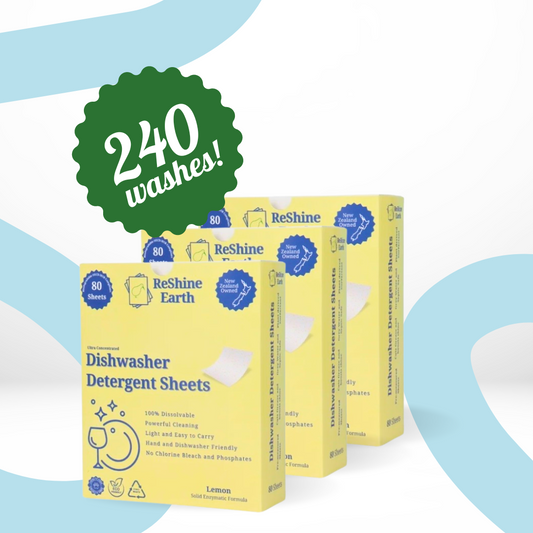 Three yellow boxes of ReShine Earth dishwasher detergent sheets with a badge stating '240 washes'. The boxes are set against a light blue background with a solid pattern.